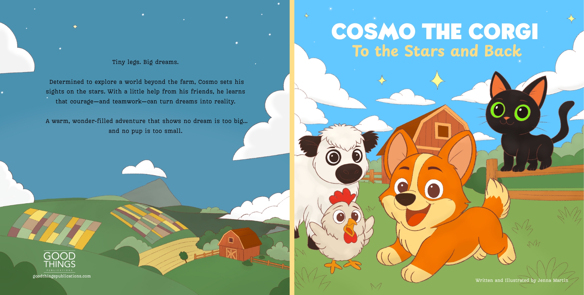 Cover of “Cosmo the Corgi: To the Stars and Back,” a children’s picture book featuring a smiling corgi, a cow, a cat, and a chicken on a colorful farm under a blue sky.