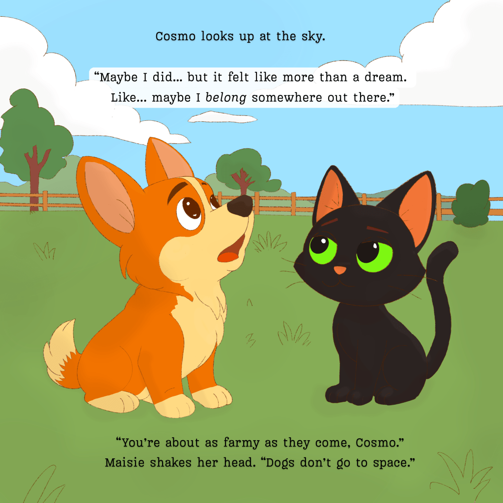 Cosmo the corgi and Maisie the cat looking up at the sky together in a farm setting, from the children’s book “Cosmo the Corgi: To the Stars and Back.”