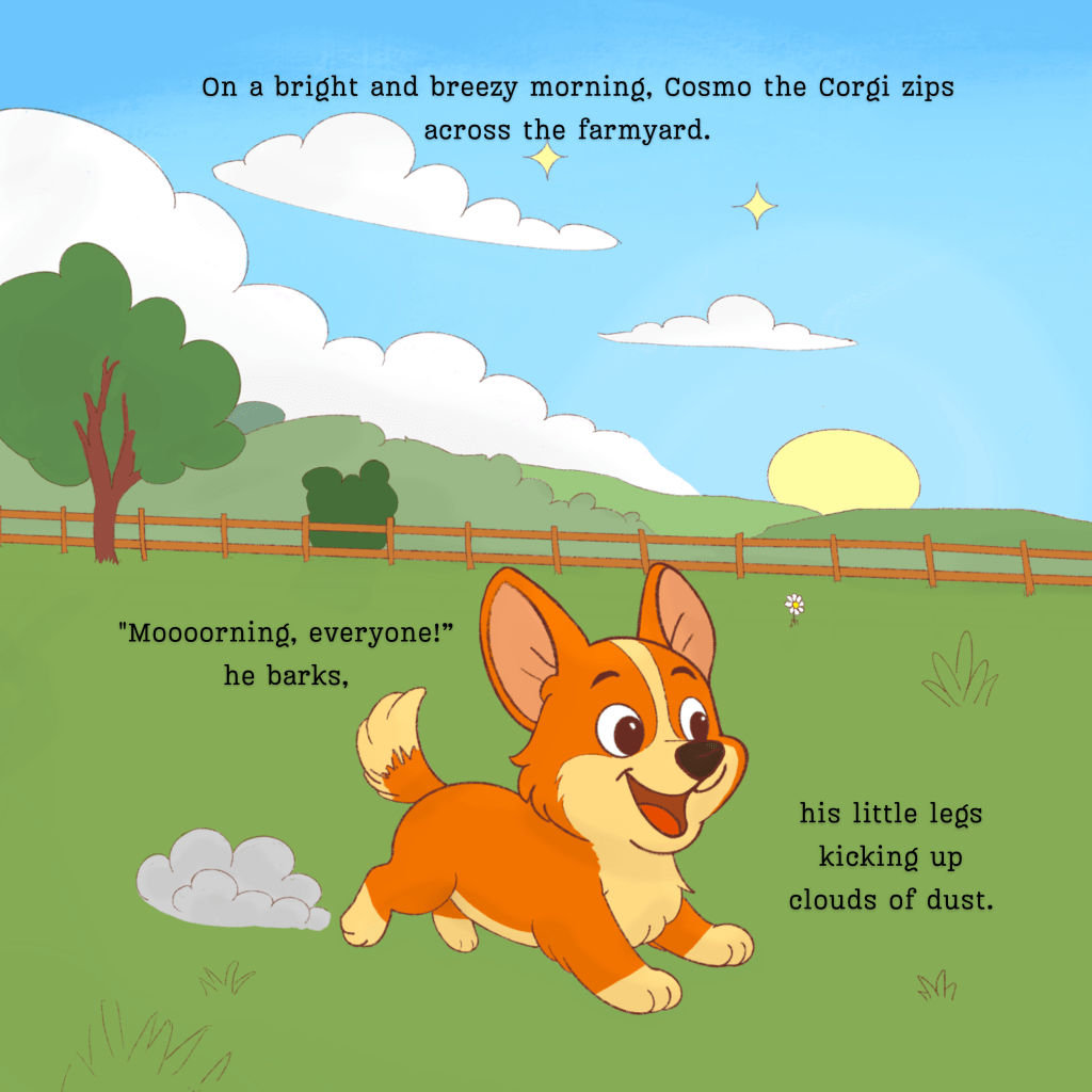 Cover of “Cosmo the Corgi: To the Stars and Back,” a children’s picture book featuring a smiling corgi, a cow, a cat, and a chicken on a colorful farm under a blue sky.