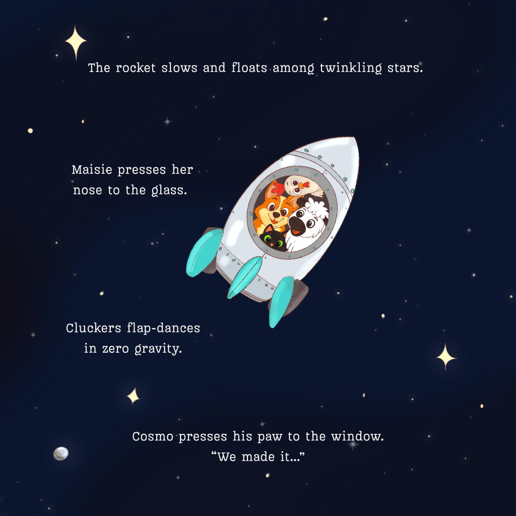 Illustration of Cosmo the corgi flying through space in a rocket surrounded by stars, from the children’s picture book “Cosmo the Corgi: To the Stars and Back.”