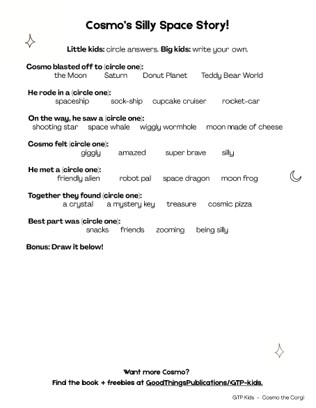 Silly space story activity page with fill-in-the-blank adventure prompts